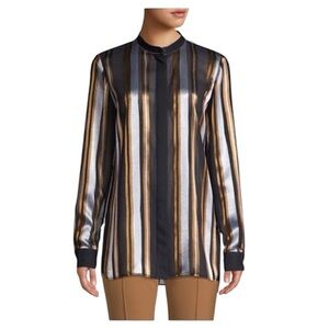 Lafayette 148 Brayden Striped Blouse Navy Blue Gold Women's Top‎ Large